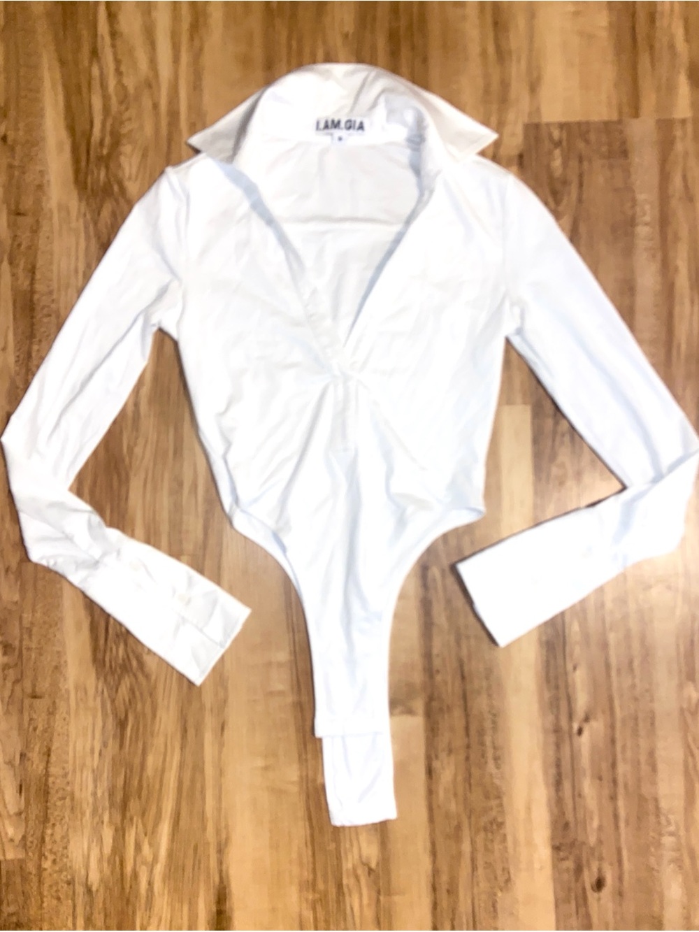 I.AM.GIA Donnica Bodysuit White Deep V-Neck Collared Long Sleeve Size Small